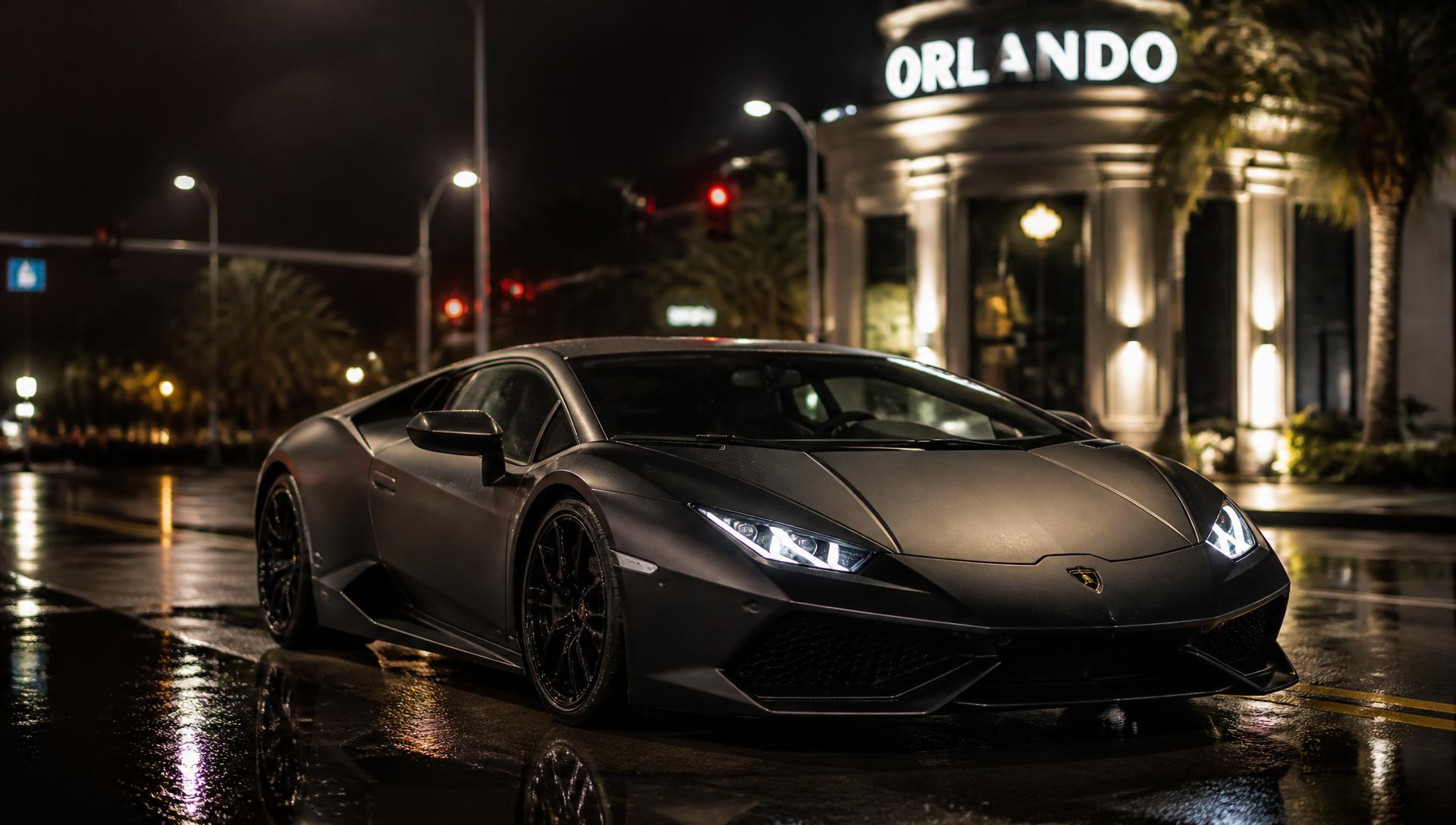 Matte black Lamborghini Huracan on a wet Orlando street at night
